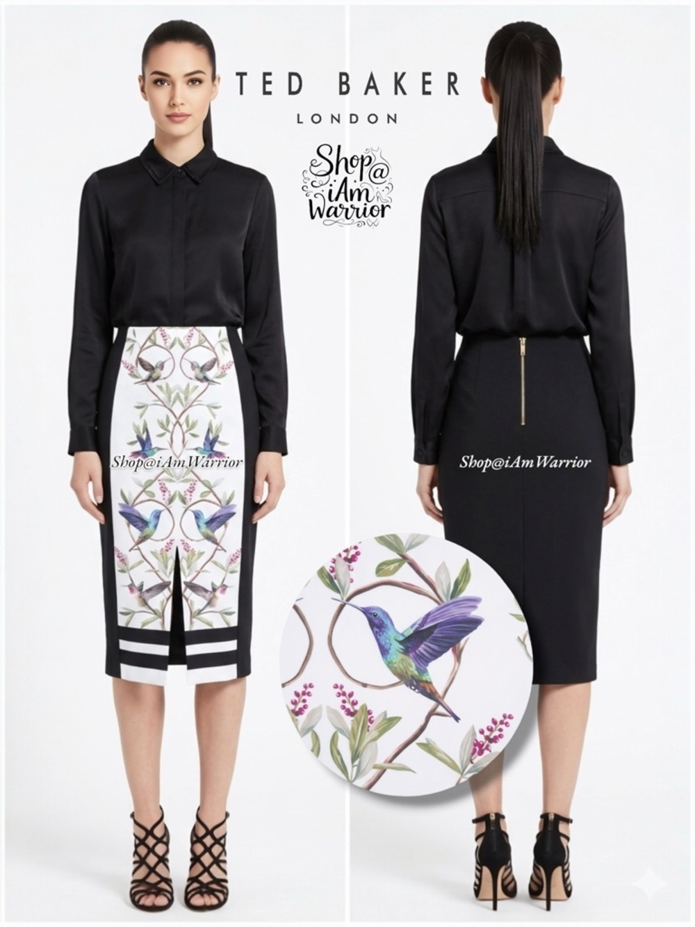 Ted Baker London NWT hummingbird print color black pencil skirt Shop@iamwarrior